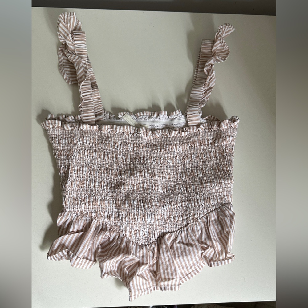 American Eagle Ruched Ruffle Striped Tank Top in Light Brown